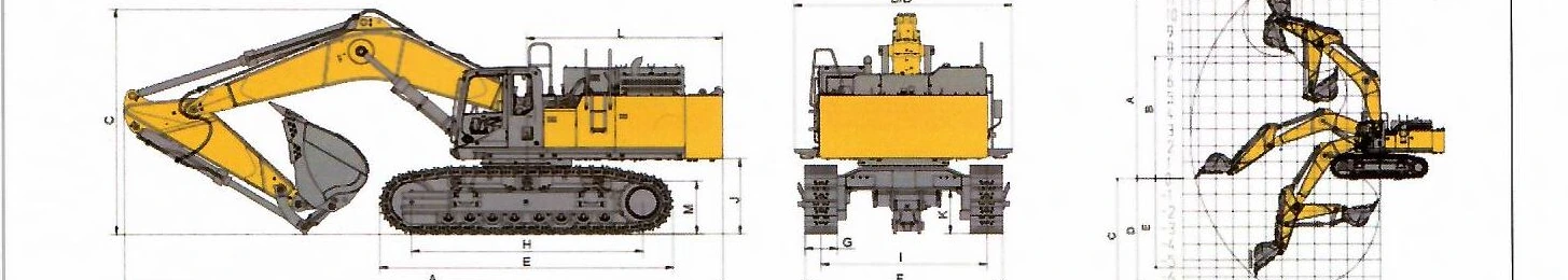 Габаритный чертёж: Карьерный экскаватор XCMG XE700GA — вид сбоку, вид спереди и диаграмма рабочей зоны с буквенными обозначениями размеров