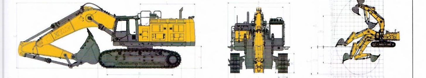 Габаритный чертёж: Карьерный экскаватор XCMG XE800GC — вид сбоку, вид спереди и диаграмма рабочей зоны с буквенными обозначениями размеров