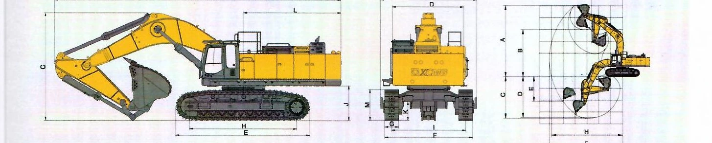 Габаритный чертёж: Карьерный экскаватор XCMG XE900G Pro — вид сбоку, вид спереди и диаграмма рабочей зоны с буквенными обозначениями размеров