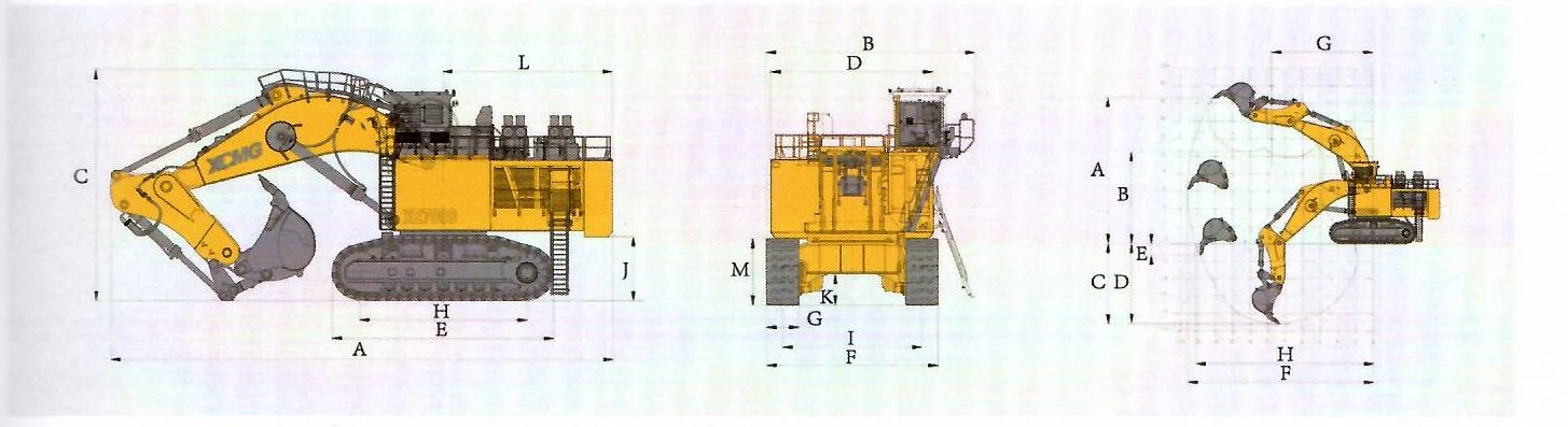 Габаритный чертёж: Карьерный экскаватор XCMG XE2000 (Cummins QST30) — вид сбоку, вид спереди и диаграмма рабочей зоны с буквенными обозначениями размеров