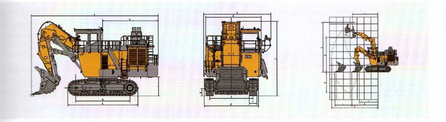 Габаритный чертёж: Карьерный экскаватор с фронтальной лопатой XCMG XE1350 — вид сбоку, вид спереди и диаграмма рабочей зоны с буквенными обозначениями размеров