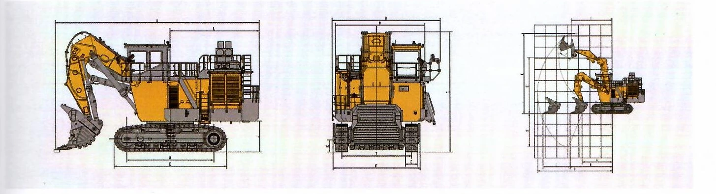 Габаритный чертёж: Карьерный экскаватор с фронтальной лопатой XCMG XE4000 — вид сбоку, вид спереди и диаграмма рабочей зоны с буквенными обозначениями размеров
