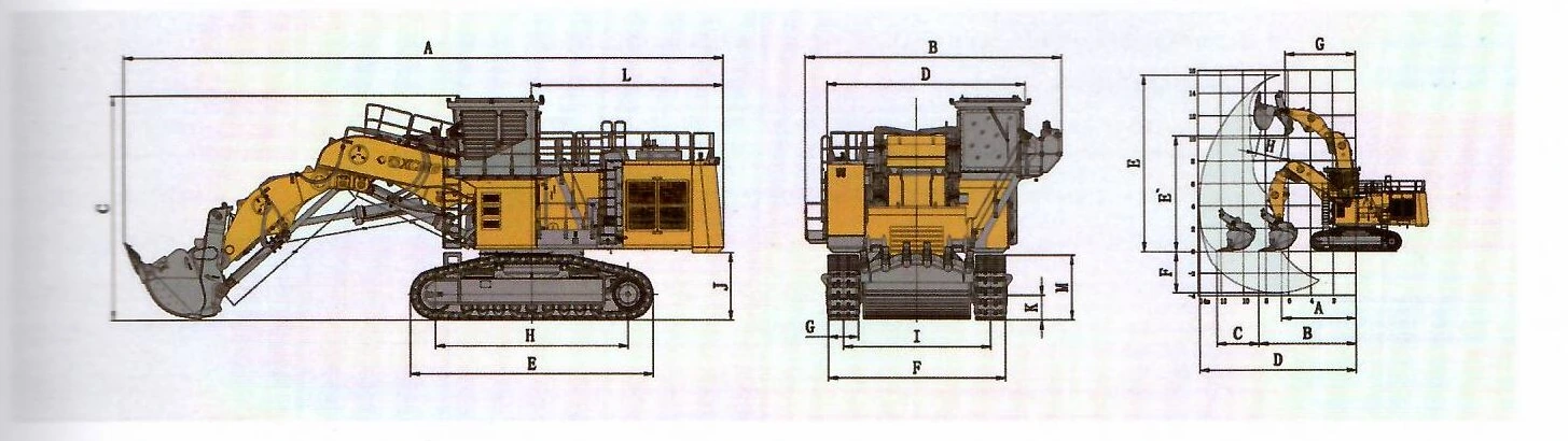 Габаритный чертёж: Электроприводный карьерный экскаватор XCMG XE2000E (фронтальная лопата) — вид сбоку, вид спереди и диаграмма рабочей зоны с буквенными обозначениями размеров